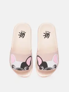 YK Girls Pink & White Dog Textured Sliders