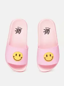 YK Girls Pink & Yellow Smiley Textured Sliders