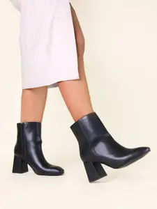 Monrow Women Black Solid PU Block Heeled Boots