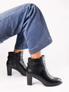 Monrow Black PU Block Heeled Winter Boots With Buckle Details