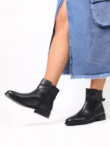 Monrow Women Black Solid PU Flat Boots