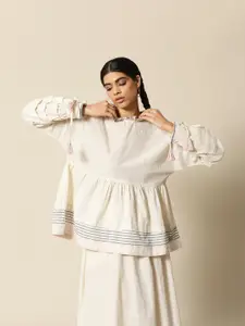 BOWER Off White Woven stripe Pure Cotton Extended Sleeves Longline Top with Tassels