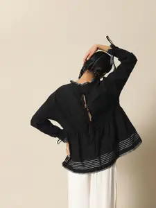 BOWER Black Woven stripe Pure Cotton Extended Sleeves Longline Top with Tassels