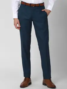 Peter England Elite Men Blue Checked Slim Fit Trousers