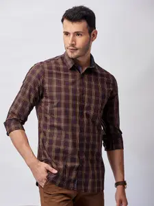 J Hampstead Men Brown Classic Slim Fit Checked Cotton Casual Shirt