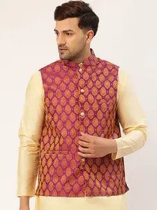 Jompers Men Pink & Gold-Toned Woven Design Nehru Jacket