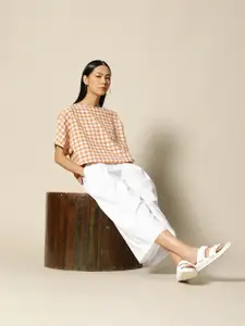 BOWER Brown & White Checked Linen Cotton Top
