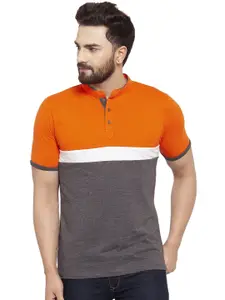 Kalt Plus Size Men Orange & Grey Solid Colourblocked Mandarin Collar T-shirt