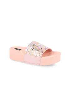 Shoetopia Women Pink & Silver-Toned Embellished Flatform Heels