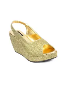 Shoetopia Women Gold-Toned Embellished Wedge Peep Toes