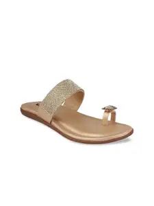 Shoetopia Women Gold-Toned Embellished Leather One Toe Flats