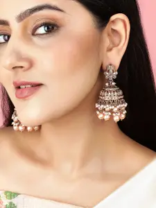 Rubans 22K Gold-Plated Kundan Studded & Glossy Light Peach Pearl Beaded Jhumka Earrings