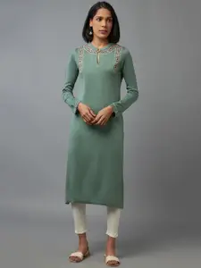 W Women Sea green Floral Acrylic Woolen Kurta