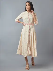 W White Ethnic Motifs Shirt Midi A-Line Dress