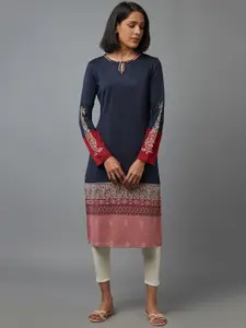 W Women Blue Ethnic Motifs Keyhole Neck Kurta