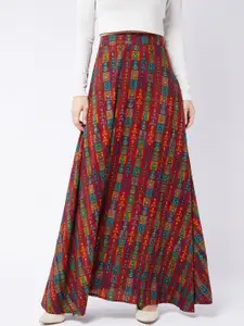 InWeave Women Red & Blue Abstract Printed A-Line Flared Maxi Skirt