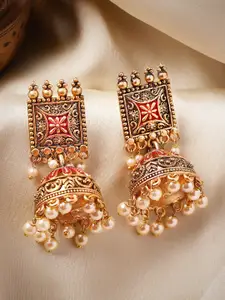 Rubans Gold-Plated & White Enamel Handpainted Dome Shaped Jhumkas Earrings