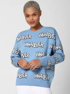 FOREVER 21 Women Blue & White Typography Printed Pullover