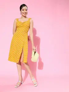Berrylush Women Mustard Yellow Polka Dots Print Crepe A-Line Dress