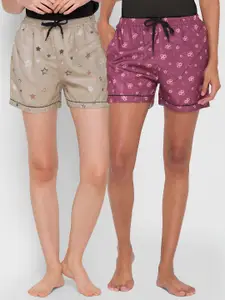FashionRack Women Pack Of 2 Purple & Beige Printed Cotton Lounge Shorts