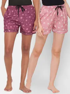 FashionRack Women Pack Of 2 Purple & Brown Printed Lounge Shorts