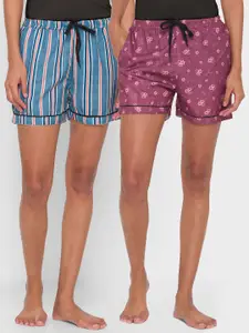 FashionRack Women Pack Of 2 Purple & Navy Blue Printed Cotton Lounge Shorts