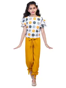Nottie Planet Girls Mustard & White Polka Dots Printed Top & Trousers