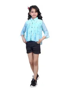 Nottie Planet Girls Blue & Black Printed Top with Shorts