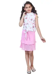 Nottie Planet Girls White & Pink Floral Print Top With Flared Skirt Set