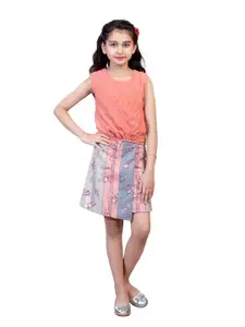 Nottie Planet Girls Peach-Coloured & Grey Printed Sleeveless Top With Skirt