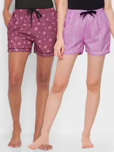 FashionRack Women Pack Of 2 Purple & Lavender Printed Cotton Lounge Shorts