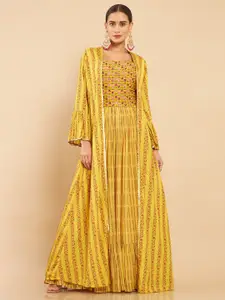 Soch Women Yellow Printed Thread Work Jacket Style Art Silk Kurta with Churidar