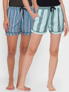 FashionRack Women Pack Of 2 Blue & Green Striped Lounge Shorts