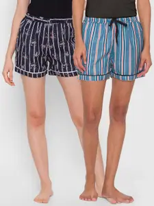 FashionRack Women Navy Blue & Blue Set Of 2 Printed Lounge Shorts