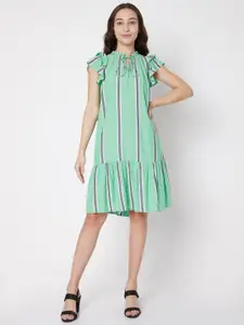 Vero Moda Green & Purple Striped Tie-Up Neck A-Line Dress