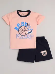 Toonyport Boys Peach-Coloured & Blue Printed T-shirt with Shorts