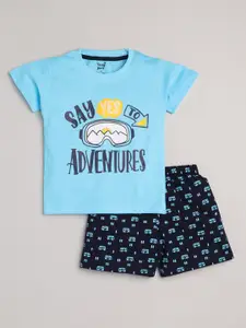 Toonyport Boys Blue & Navy Blue Printed Pure Cotton T-Shirt & Shorts Set