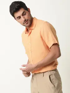 RARE RABBIT Men Orange Custom Linen Casual Shirt