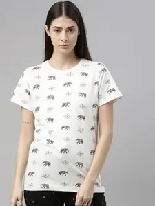Kryptic Women Off White & Grey Printed Pure Cotton Lounge T-shirt