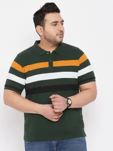 AUSTIVO Men Olive Green Striped Plus Size Polo Collar T-shirt