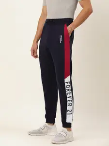 FOREVER 21 Navy Blue Solid Active Sport Joggers Track Pant With Brand Logo Printed Sides