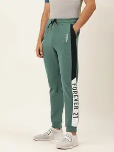 FOREVER 21 Blue Solid Active Sport Joggers Track Pant With Brand Logo Printed Sides