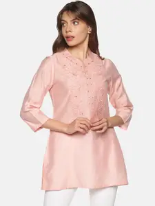 Saffron Threads Pink Viscose Rayon Mandarin Collar Embroidered Kurti