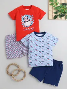 BUMZEE Boys Pack Of 2 Red & Navy Blue Pure Cotton Panda Printed T-Shirt & Shorts