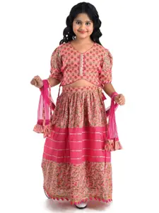 Kinder Kids Girls Pink & Green Printed Ready to Wear Lehenga & Blouse With Dupatta