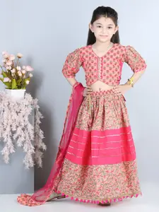 Kinder Kids Girls Pink & Green Block Print Ready to Wear Lehenga & Blouse With Dupatta