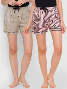 FashionRack Women Beige & Pink Set Of 2 Printed Lounge Shorts
