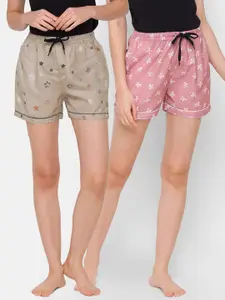 FashionRack Women Beige & Pink 2 Printed Lounge Shorts