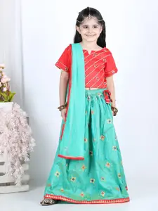 Kinder Kids Girls Orange & Teal Embroidered Ready to Wear Lehenga & Blouse With Dupatta