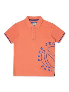 Pepe Jeans Boys Orange Typography Polo Collar T-shirt